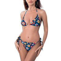Vente en gros de sous-vêtements de bikini en string bleu écologiques à sublimation avec imprimé léopard et motif à carreaux, ensemble 2 pièces pour femmes