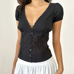 Customized Vintage Corset-Inspired Button Front Short Sleeve <strong>White</strong> <strong>Lace</strong> Trim <strong>Crop</strong> <strong>Top</strong> - Product Image 6