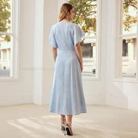 Robe midi en ramie bleu clair pour femme, col rond, manches festonnées, taille cintrée, robe d'été pour invitée de mariage