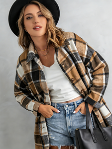 SWEET BABE Chaqueta camisera a cuadros marrón oliva de talla grande para mujer - Abrigo informal de manga larga con botones y solapa, corte holgado - Product Image 5