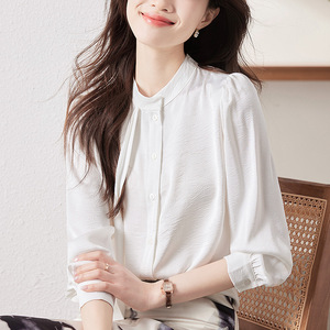 Women's Satin Long Sleeve Blouse Gray Solid Color Button Front Office Wear - Product Image 3