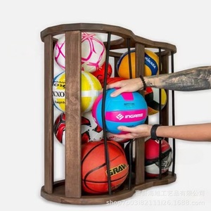 Panier de rangement pour ballons en bois massif, support pour ballons de basket-ball et de football avec poignées, forme circulaire, rangement soigné - Product Image 2