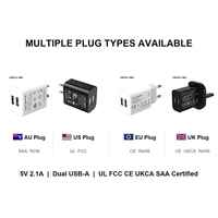 Chargeur mural double USB 10W 5V 2.1A, adaptateur de chargeur de téléphone avec prise fixe US EU UK AU, certifié UL FCC CE UKCA SAA multi-régions