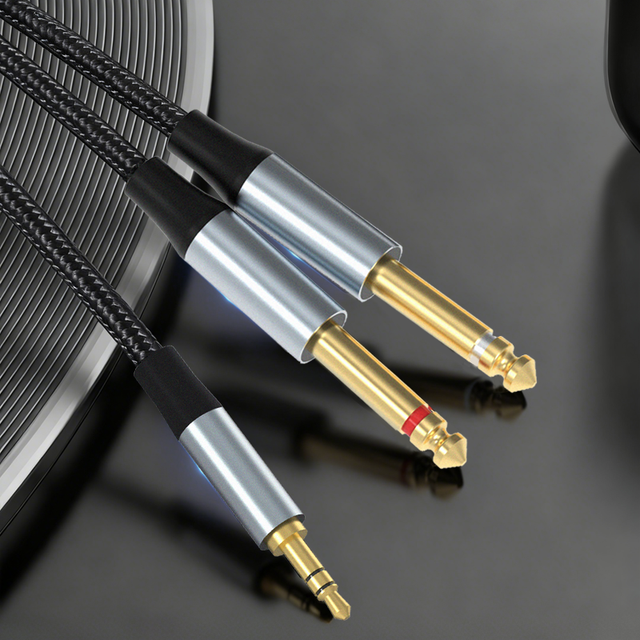 Professional 3.5mm Dual 6.35mm Y Splitter Speaker Cable 6.5 3 Section Gold Plated Male Male Audio Adapter Computer Microphone