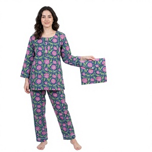 Pyjama de luxe décontracté pour femme 100 % coton, doux, respirant, séchage rapide, ensemble de pyjama de haute qualité avec logo frontal au col, taille élastique, long - Product Image 1