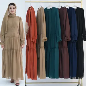 Loriya 2024 Solid Color Layered Chiffon Women's Dresses With Front Buttons And Matching Hijab Lining Abaya Women Muslim Dress
