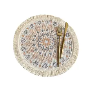 Manteles de mesa redondos impermeables de algodón con estampado digital de patrón bohemio para cocina y comedor