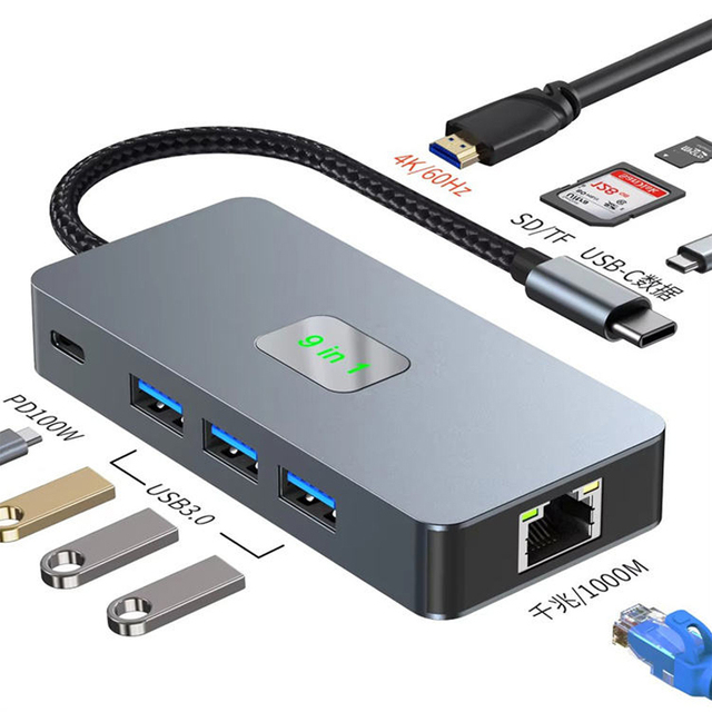 Topsky USB-C Hub 4K 30Hz HDTV Adapter Gigabit RJ45 Ethernet Multi-port USB 3.0 SD/TF Card Reader 9-in-1 Aluminum Alloy PD100W