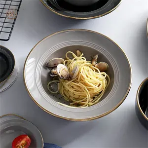 Vajilla de cerámica con borde dorado, platos de Pasta hondos con forma redonda