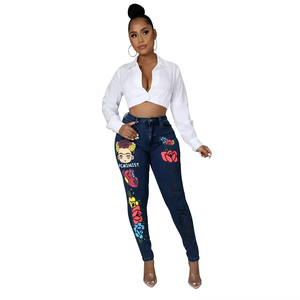 Jeans personnalisés grande taille pour femmes Street Trend Fashion Skinny Used Little Ettered Jeans Femme Print Denim Ladies Jeans - Product Image 4