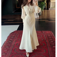 Robe longue midi ajustée pour femme, col montant, nœud papillon, manches longues bouffantes, empiècements en dentelle, color block, style navetteur, personnalisable