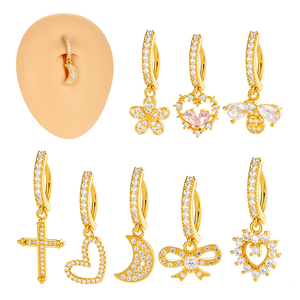Anneaux de nombril étanches Maina en acier inoxydable, bijoux de piercing corporel, croix, cœur, zircon, pendentif pour nombril - Product Image 1