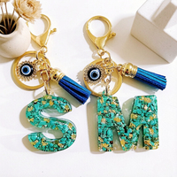 Porte-clés en résine avec pierre turquoise et feuille d'or, lettre initiale A-Z, breloque œil porte-bonheur, pompon bleu, anneau porte-clés alphabet, pendentif de sac à main, cadeau