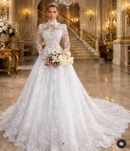 LY-WD1338 Abiti da <span class=keywords><strong>Sposa</strong></span> Linea A in Pizzo per Spose, Design a Maniche Lunghe, Corsetto Classico Bianco Avorio, Taglie Forti Personalizzabili - Product Image 1