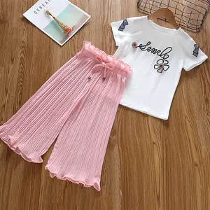 Girls summer clothing 2020 new children's embroidery flower T-shirt chiffon wide-leg pants suit two-piece suit