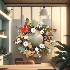 Artificial Autumn <b>Wreath</b> With White Pumpkins Maple Leaves Berries For Home Decor 40Cm - Product Image 4