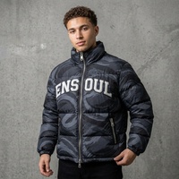 Veste d'hiver chaude décontractée bleue matelassée à double fermeture éclair pour homme, style camouflage, en polyter, avec col montant, fine, pour la vente en gros