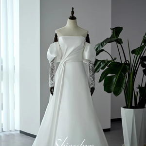 Vestido <span class=keywords><strong>de</strong></span> Novia Elegante <span class=keywords><strong>de</strong></span> Encaje y Satén con Hombros Descubiertos, Plisado, Color Marfil Blanco, Tallas Grandes, Personalizable, Vestido <span class=keywords><strong>de</strong></span> Novia, Vestido <span class=keywords><strong>Civil</strong></span> - Product Image 1