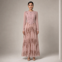 Robe longue de soirée en tulle rose poudré à sequins, taille basque, ornée de perles miroir, manches longues, style Dubaï, tenue modeste, vente en gros, nouveauté