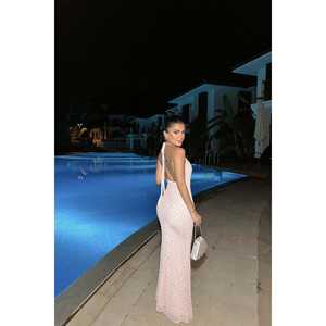 Robe de soirée longue formelle avec détails en pierres rose poudré, robe de bal crochetée avec drapage étagé en A-line, taille XS pour demoiselles d'honneur - Product Image 1