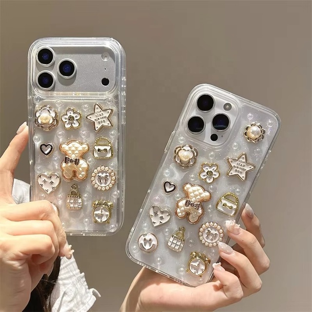 For 17 16 15 14 Pro Max Mobile Phone case Cover Transparent Cartoon Bear Love 3D for iphone Flower Cute DIY Beads Stars Bow