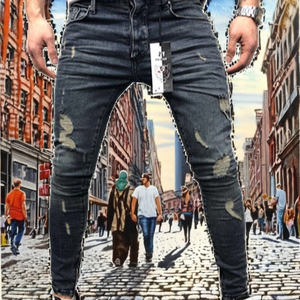 Mens Ripped Distressed Printed Jeans Mid Waist <b>Slim</b> Pencil Fit Breathable Stretch Denim Casual Streetwear Fashion Trousers Pants - Product Image 2