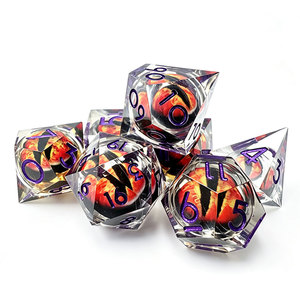 <b>7</b>-Piece Sharp Edge Resin Liquid Core Floating <b>Fire</b> Dragon Eye DND Polyhedral Dice Set With Purple Numbers For Tabletop RPG - Product Image 4