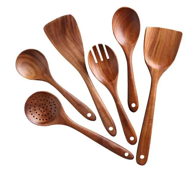 Juego de utensilios de cocina de madera de teca al por mayor, duradero, 13 piezas, utensilios de cocina de madera, cuchara, espátula, juego de herramientas de cocina