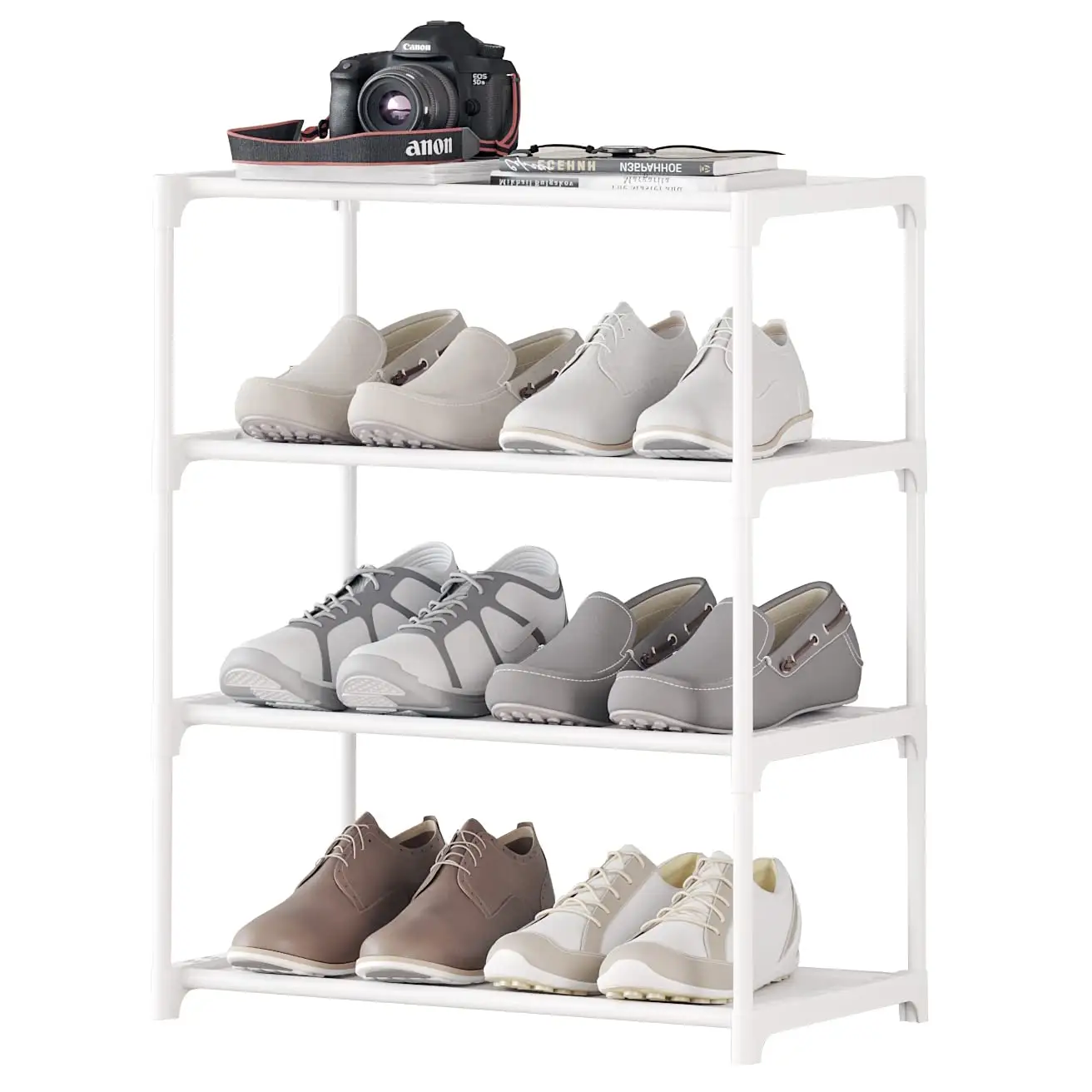 4-Tier Small Shoe Rack .Stackable Shoe Shelf Storage Organizer For Entryway Hallway Closet Bathroom Living Room (White)