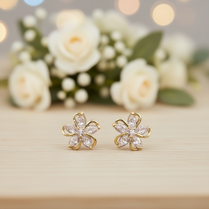 Orecchini a lobo con fiore dorato e zirconi marquise per donna, gioielli romantici da festa, in lega placcata oro - Product Image 2