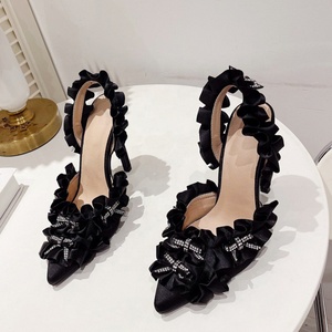 Women Shiny Diamonds Bow Flouncy Sandals High Heels Back Strap <b>Shoes</b> on Slingback Pointy Closed Toe Wedding Dress Pumps - Product Image 5