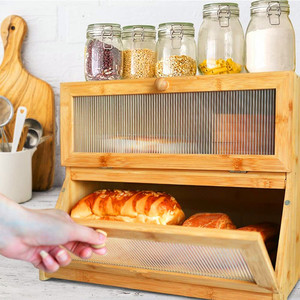Boîte à pain en bambou à double couche avec couvercle rabattable pour le rangement du pain et des sushis dans la cuisine - Product Image 4