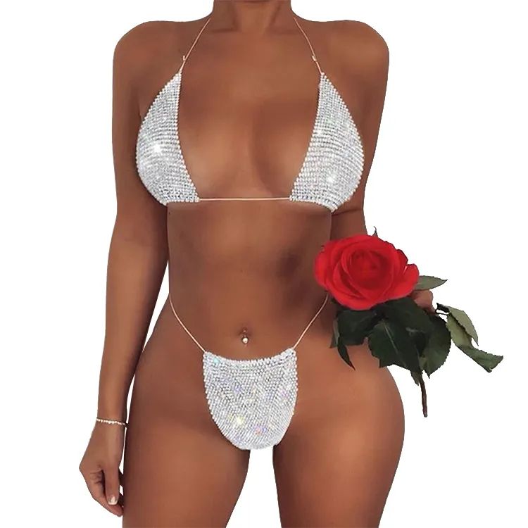 2022 Erotic Seductive Dance Wear Hot Women Rhinestone Thong String Bralette Sexy Bikini Lingerie Sets