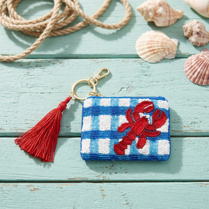 Monedero de cuentas azul y blanco con broche de langosta, mini bolso de mano bordado con borla y llavero para regalo y uso diario - Product Image 1
