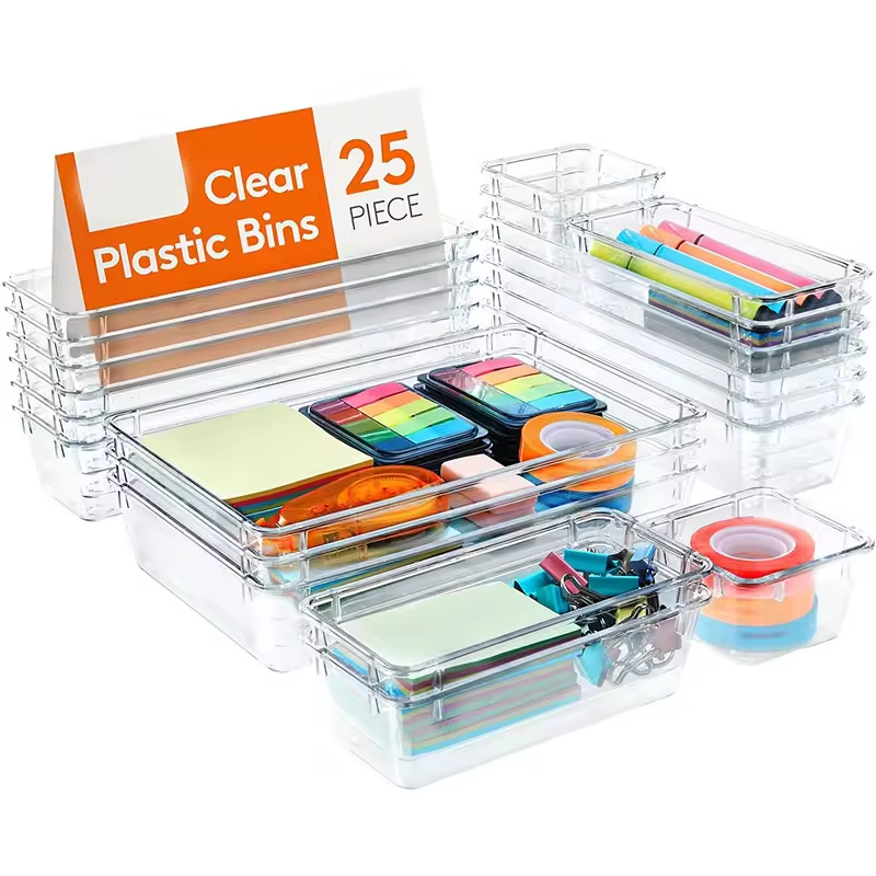 4-Size 25 PCS Clear Plastic Drawer Organizers Set Versatile Bathroom and Vanity Drawer Organizer Trays Storage Bins