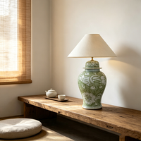 Lampu Meja Porselen Motif Bunga Swirl Buatan Tangan Warna Hijau Pastel Lembut Gaya Farmhouse untuk Ruang Tamu Lampu Dekoratif Meja
