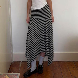 Falda Casual Minimalista a Rayas para Mujer, Cintura Natural, Dobladillo Irregular, Estilo Coreano Vintage, Maxi, Uso Diario, Cómoda - Product Image 2