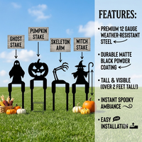 Lot de 4 panneaux métalliques mats noirs Silhouette avec citrouille fantôme, sorcière et bras de squelette pour décorations effrayantes de jardin d'Halloween