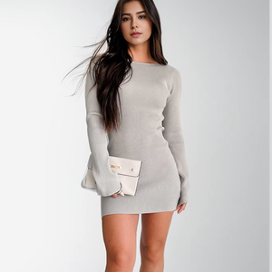 Nuovo autunno su misura maglia grigia a costine girocollo senza schiena a maniche lunghe da donna Mini abiti aderenti Sexy a linea - Product Image 2