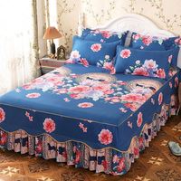 Ensemble de jupes de lit double couche, couvre-lit imprimé floral en coton, jupe de lit bilatérale + 2 paires de taies d'oreiller