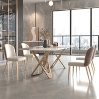 Ensemble de table rectangulaire en marbre avec base dorée en acier inoxydable et forme C, design italien, table et chaises de salle à manger de luxe
