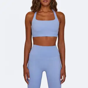 ECBC Pakaian Aktif Pembalap Crop Top Pakaian Kebugaran Biru Muda Nyaman Gym Yoga Bra untuk Wanita