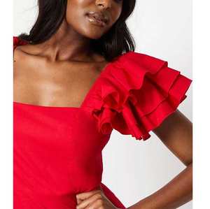 Robe maxi de soirée de luxe pour femmes, été 2024, longue, rouge, col carré, volants en dentelle, tissage uni, manches évasées, style A, décontractée - Product Image 4