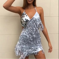 Robe de soirée scintillante dorée et argentée pour femme, sexy, sans manches, à franges, pour club, fête, carnaval, robe courte, robe de danse latine avec manches