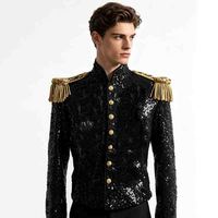 Veste à paillettes style danse de scène pour homme, avec franges dorées aux épaules, en polyester et rayonne, costumes d'inspiration orientale pour chanteur, danseur, tenue de soirée