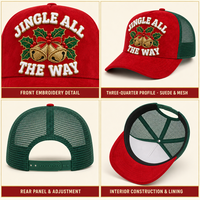 Casquettes de camionneur à 5 panneaux en maille de daim brodées, motif sapin de Noël, neige et plantes persistantes, pour l'hiver, avec visière incurvée