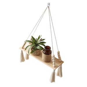 Wooden Tassel Hanging <b>Shelf</b> Rectangle Wall Mounted Bedroom Decorative Storage <b>Rack</b> For Plants And Accessories - Product Image 5