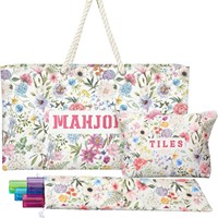 3PC Set Tas Mahjong Premium Amerika Motif Mewah Bahan Kanvas, Muat 166 Ubin, Rak, dan Penggeser, Cocok untuk Klub, Perjalanan, dan Hadiah