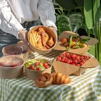 Eco Pack voedselverpakkingscontainers, saladekommen van kraftpapier, wegwerpset voor hotel-afhaalgebruik, geschikt voor het serveren van salade, soep en fruit.