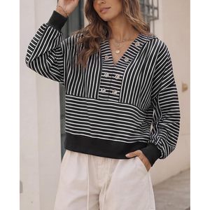 Womens Striped <b>Cropped</b> Hoodie Oversized Sweatshirt V Neck <b>Long</b> <b>Sleeve</b> Loose Fit Knitted Cotton Blend <b>Top</b> - Product Image 4